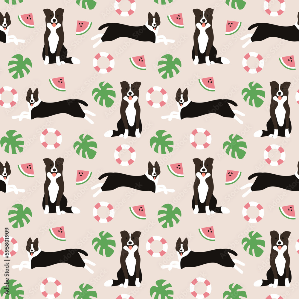 Summer border collie dogs seamless patterns. Printable digital papers. Seamless funny puppy pattern background. monstera watermelon
