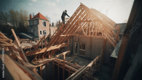 worker roofer builder working on roof structure on construction site. Generative ai