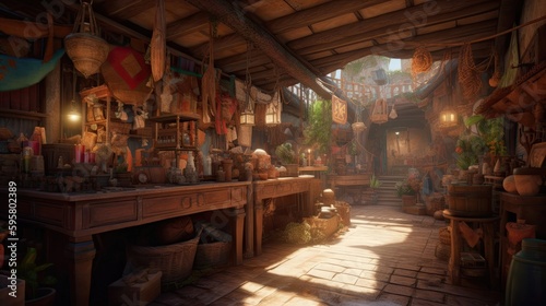 Step into a world of enchantment and adventure as you journey through the magical marketplace. Generated by AI.