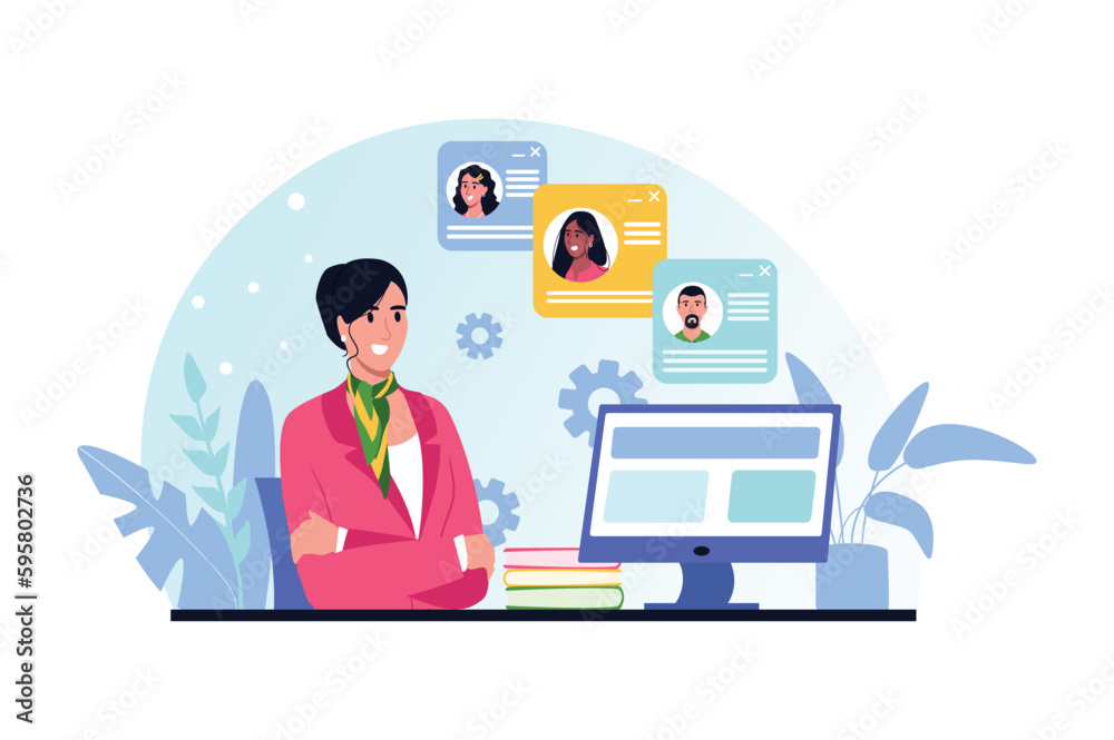Recruiting blue and pink concept with people scene in the flat cartoon design. Recruiter reviews the questionnaires of young specialists who are suitable for the position. Vector illustration.