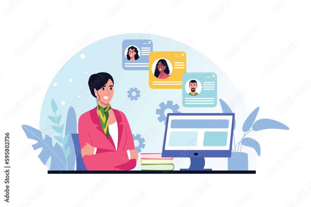 Recruiting blue and pink concept with people scene in the flat cartoon design. Recruiter reviews the questionnaires of young specialists who are suitable for the position. Vector illustration. Recruiting blue and pink concept with people scene in the flat cartoon design. Recruiter reviews the questionnaires of young specialists who are suitable for the position. Vector illustration.