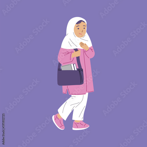 Arabic Muslim kid girl going to school, flat vector illustration isolated.