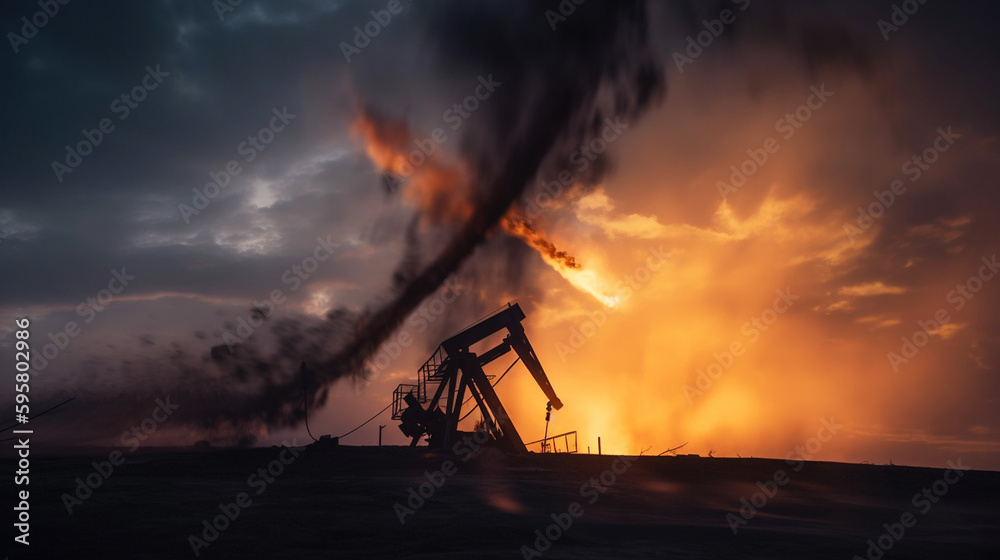Petroleum concept. Oil pump rig. Oil and gas production. Oilfield site. Pump Jack are running. Drilling derricks for fossil fuels output and crude oil production. Global crisis. 