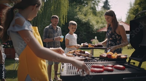 Gather your family and friends for a delicious outdoor barbecue to celebrate Mother's Day, complete with mouth-watering grilled meats, fresh salads, and refreshing drinks. Generated by AI.