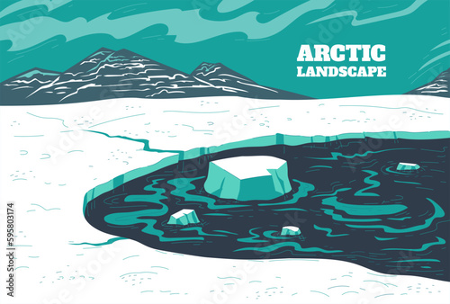 Arctic landscape with icebergs in sea and mountains, flat vector illustration.