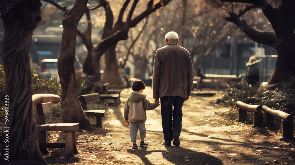 old couple walking in the park. Generative AI old couple walking in the park. Generative AI