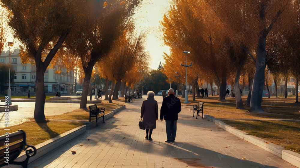 old couple walking in the park. Generative AI old couple walking in the park. Generative AI