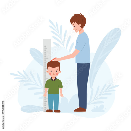 Father measures his son height with stadiometer vector illustration isolated.