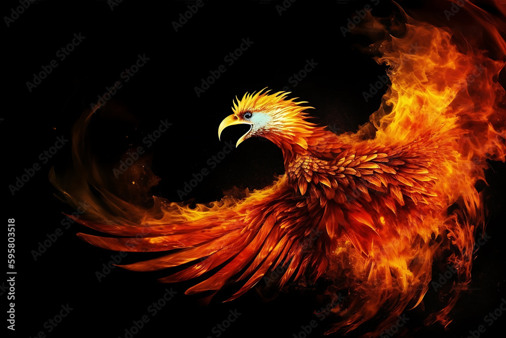 illustration of phoenix fire bird in black background, copy space, generative ai illustration of phoenix fire bird in black background, copy space, generative ai