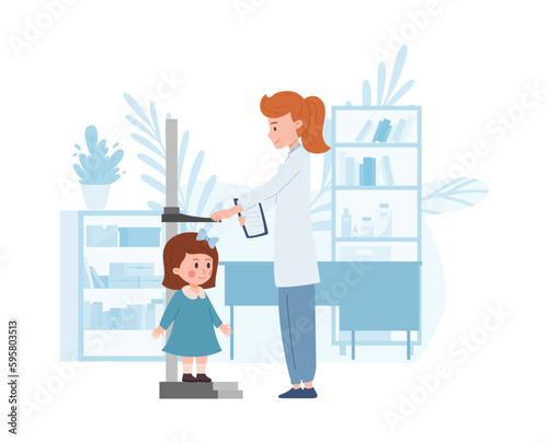 Pediatric doctor measures height of child with stadiometer, flat vector isolated.