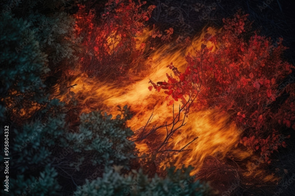raging forest fire engulfing trees. Generative AI