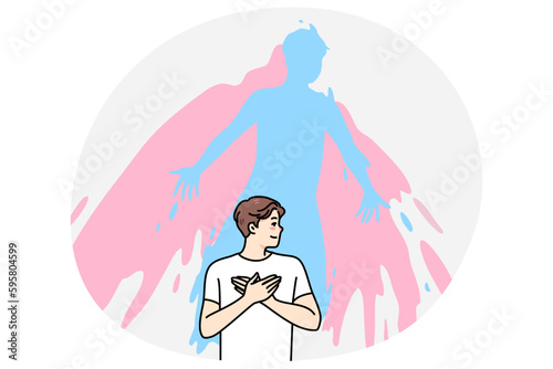 Spiritual male believer during esoteric or religious practice. Soul rising and leaving human body. Concept of spirit separation and liberation. Religion and faith. Flat vector illustration.