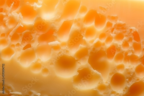Cheese texture. Bright yellow cheese with big holes, emmental or cheddar. Food background, cheese surface closeup, AI generated image