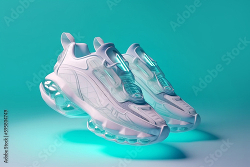 Futuristic fashion original sneakers. Future design of stylish sport shoes with neon glow  futuristic urban aesthetics. Sportswear  style and fashion  tomorrow footwear. AI generated image