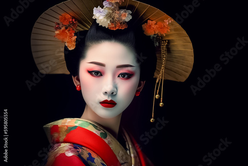 Murais de parede a young Japanese geisha in a vintage artist period style, with contemporary fashion and intricate face paint manipulation, is truly captivating