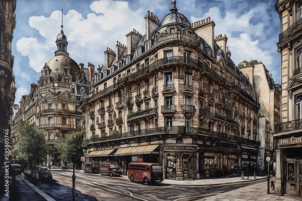 Watercolor, a beautiful French street scene that just stopped raining in the afternoon. generative AI