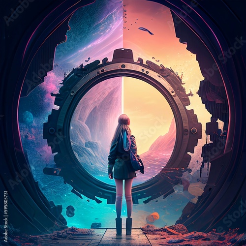 Girl standing in front of a portal | Generative AI, metaverse, futuristic virtual world, state of consciousness, Painting , colorful