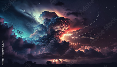 Stormy sky with dramatic clouds from an approaching thunderstorm at sunset. Generative AI © alexkich