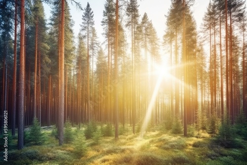 sun rays shining through trees in a lush forest. Generative AI