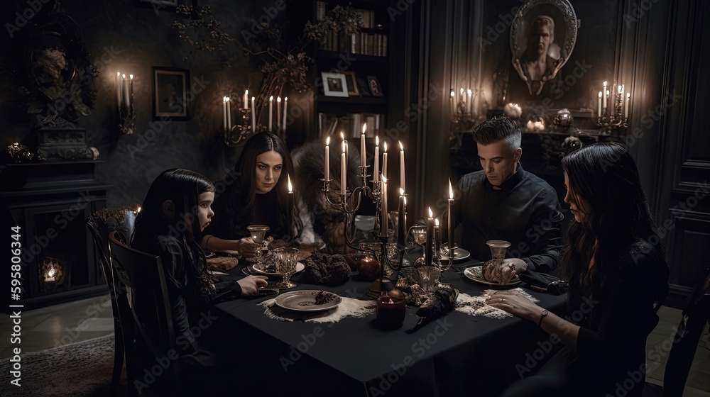 The family hosts a dark and mysterious international dinner party, where guests are transported to another world through the tantalizing and exotic flavors of the menu. Generated by AI.