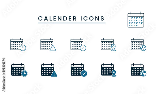 Calendar vector icons with a set of calendar symbols (deadline, checkmark, location, vacation, holiday), outline, flat or filled with duo tone colors.