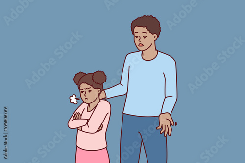 African American man comforts offended preteen girl after argument or punishment due to bad grades in school. Offended child turned away from father who does not want to spend time together 
