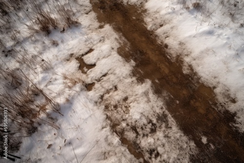 an aerial perspective of a wintry road covered in snow. Generative AI © AkuAku
