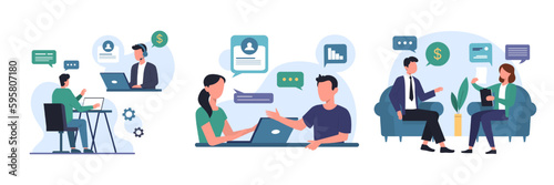 Set of colored cartoon characters of HR managers interviewing job seekers