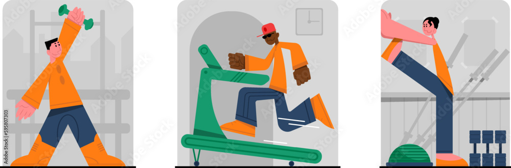 Set of colored cartoon characters of young people doing sports exercises Set of colored cartoon characters of young people doing sports exercises