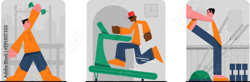 Set of colored cartoon characters of young people doing sports exercises