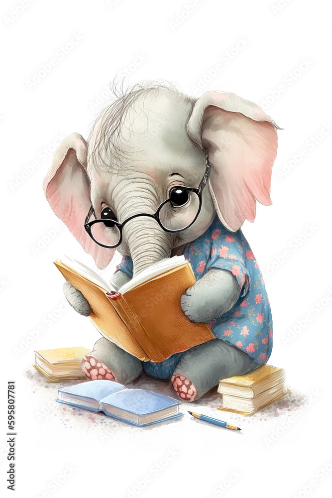 Baby elephant reading a book. Cute watercolor illustration for nursery print. Pastel colors fashion elephant with books, illustration for nursery decor, cozy mood. World Book Day. Generative AI.