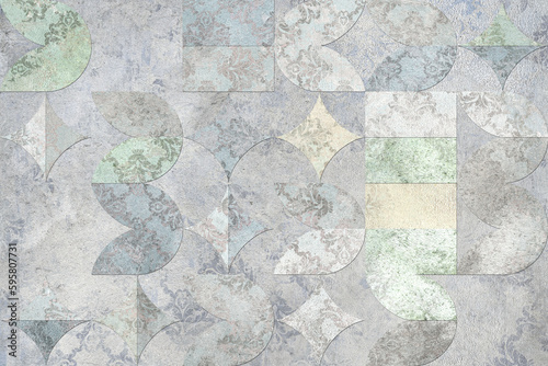 Grunge concrete wall with ornaments and prints. Digital tiles design. Abstract damask patchwork background