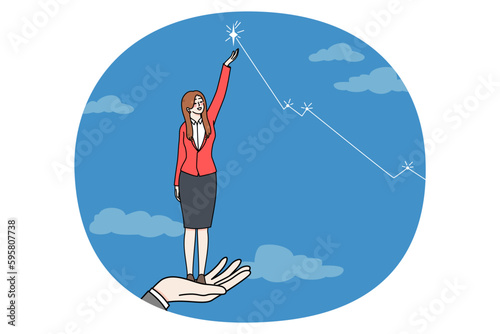 Businesswoman get helping hand from colleague reach star as business goal. Female employee or worker achieve career success. Work accomplishment or achievement. Vector illustration.