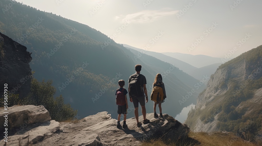 The family hikes through breathtaking mountain landscapes, enjoying the fresh air and challenging themselves on scenic trails. Generated by AI.