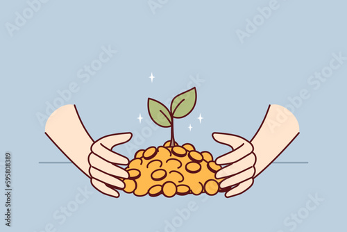 Hands with gold coins and growing tree symbolizing dividends on accumulated capital and profitable investment. Gold with green leaves as metaphor for financial literacy and ability to invest or trade 