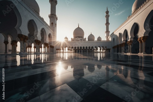 A calm morning at mosque showcasing Islamic architectural splendor. Generative AI