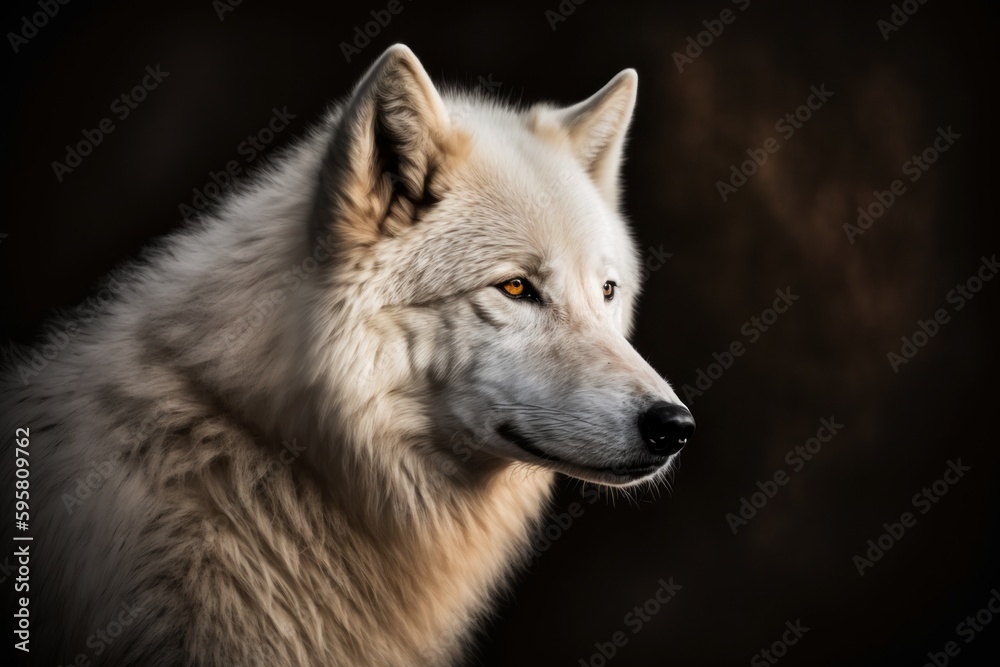 Portrait of a white wolf in profile on a dark background. Generative AI
