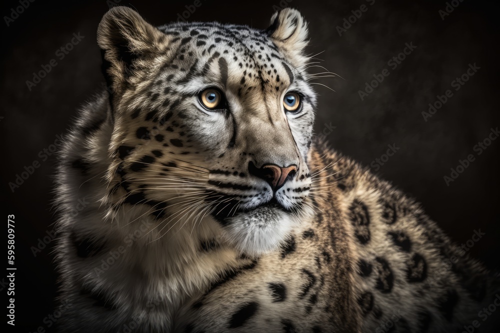 Snow leopard (Panthera uncia) portrait on dark background, Generative AI