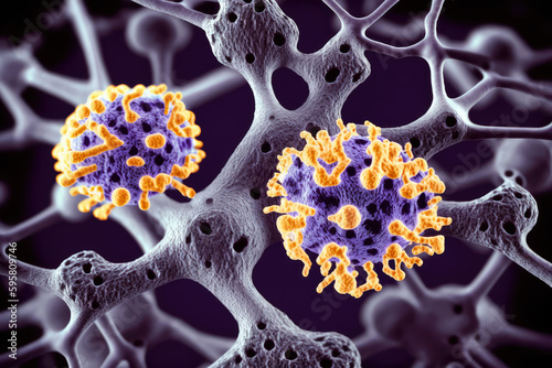 Alzheimer's and dementia disease: amyloid plaques forming between neurons. Illustration showing amyloid plaques in brain, distruction of neuronal networks. Generative AI. photo