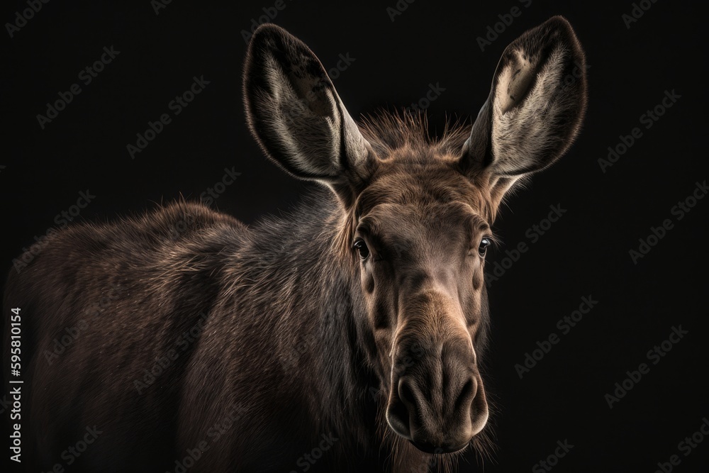 Portrait of a moose on a black background. Studio shot. Generative AI