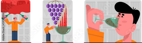 Set of cartoon characters of young people making and tasting organic wine