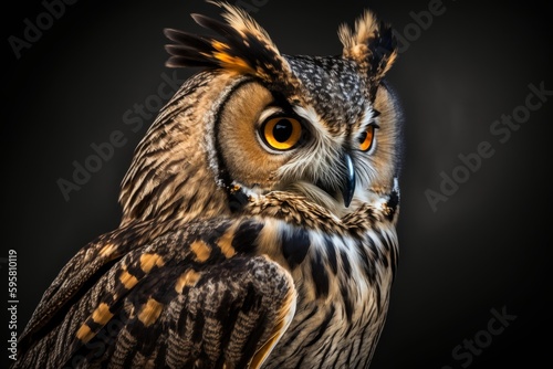 Eagle Owl (Bubo bubo) on black background, Generative AI © LAYHONG