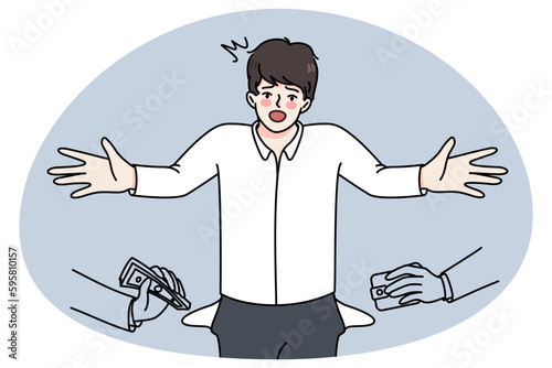 Confused businessman get robbed by thieves. Unhappy frustrated man employee struggle with robbery. Bankruptcy and financial problems. Cheating and betrayal. Vector illustration.