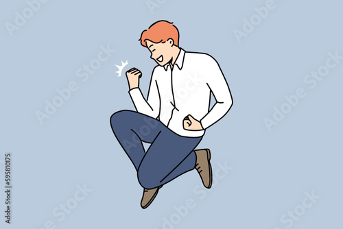 Overjoyed businessman make yes sign celebrate work success or achievement. Smiling man feel overjoyed triumph with win or victory. Vector illustration. 