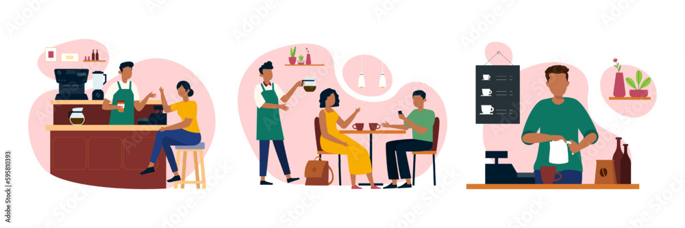 Fototapeta premium Set of cartoon characters of young people in uniforms working as baristas
