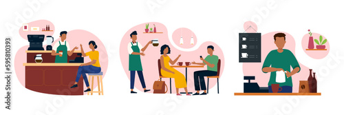 Set of cartoon characters of young people in uniforms working as baristas