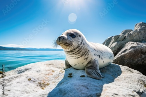 Adorable baby seal lounging on a rock, with a sparkling blue ocean and a bright. Generative AI