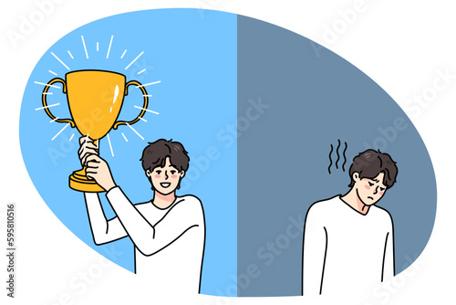 Comparison of unhappy sad man struggle with failure, smiling overjoyed one with trophy in hands. Concept of business crisis and success. Life ups and downs. Flat vector illustration.