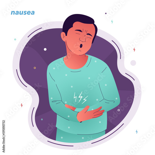 Vector illustration of a person who is experiencing discomfort. A person in a slightly bent position holds his stomach with his hand and suffers from nausea. Diseases of the gastrointestinal tract.