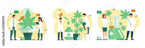 Set of cartoon characters engaged in legality of cannabis for medical use